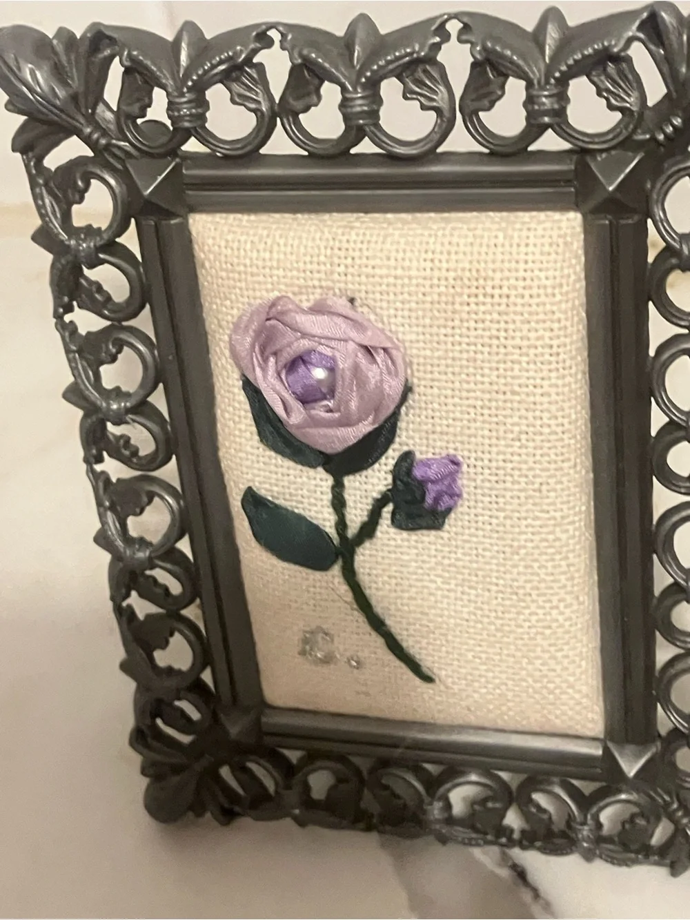 Handcrafted Needlepoint Victorian Lavender Rose Pewter Frame Accent 3 1/2 -4 1/2